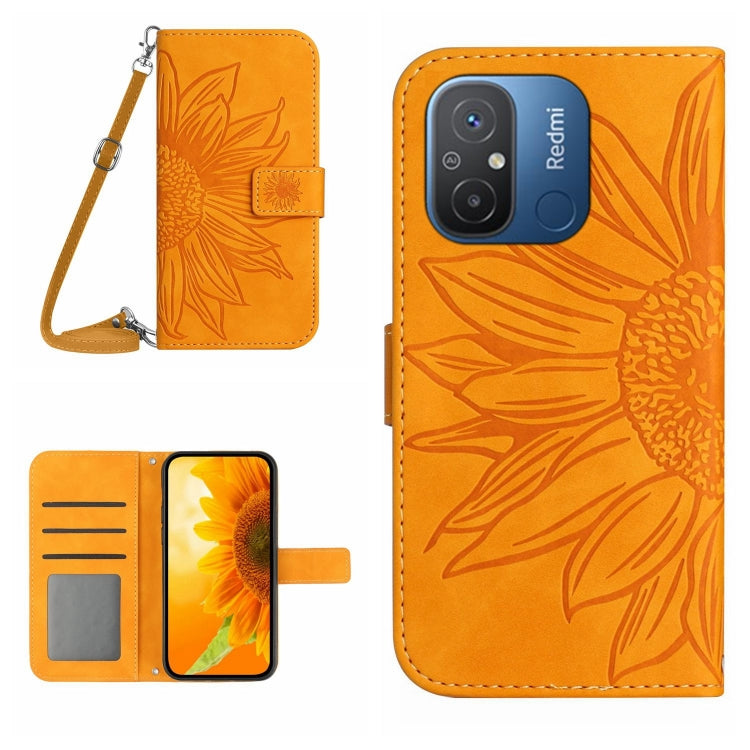 HT04 Skin Feel Sun Flower Embossed Flip Leather Phone Case with Lanyard, For Xiaomi Redmi 11A 4G