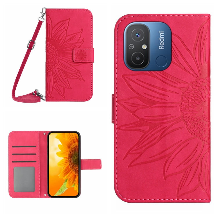HT04 Skin Feel Sun Flower Embossed Flip Leather Phone Case with Lanyard, For Xiaomi Redmi 11A 4G