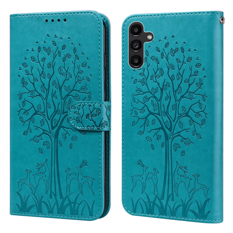 Tree & Deer Pattern Pressed Printing Horizontal Flip Leather Phone Case, For Samsung Galaxy S23 5G, For Samsung Galaxy S23+ 5G, For Samsung Galaxy S23 Ultra 5G, For Samsung Galaxy A14 5G, For Samsung Galaxy A34 5G, For Samsung Galaxy A54 5G