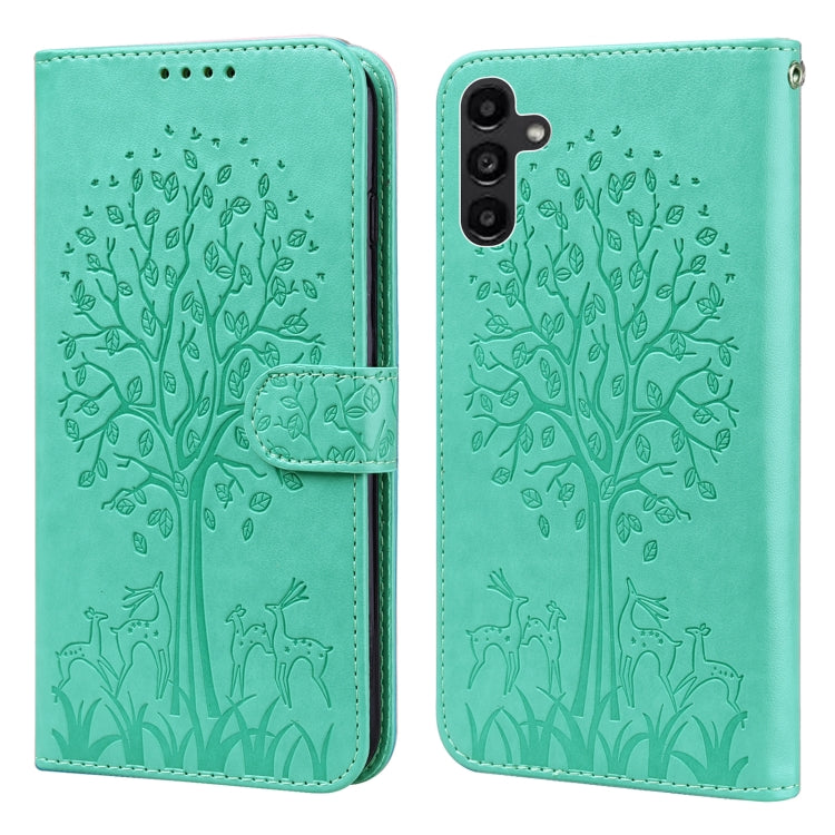 Tree & Deer Pattern Pressed Printing Horizontal Flip Leather Phone Case, For Samsung Galaxy S23 5G, For Samsung Galaxy S23+ 5G, For Samsung Galaxy S23 Ultra 5G, For Samsung Galaxy A14 5G, For Samsung Galaxy A34 5G, For Samsung Galaxy A54 5G