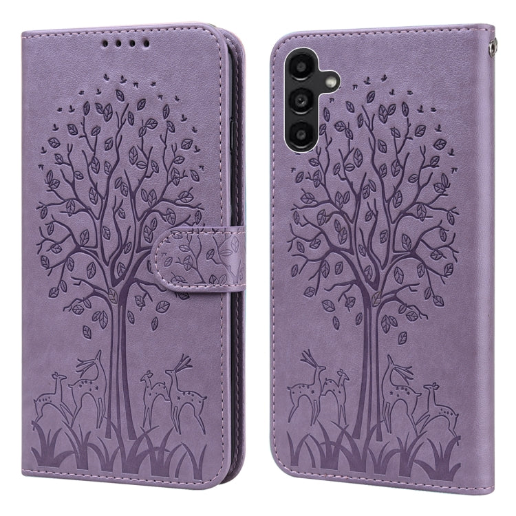Tree & Deer Pattern Pressed Printing Horizontal Flip Leather Phone Case, For Samsung Galaxy S23 5G, For Samsung Galaxy S23+ 5G, For Samsung Galaxy S23 Ultra 5G, For Samsung Galaxy A14 5G, For Samsung Galaxy A34 5G, For Samsung Galaxy A54 5G