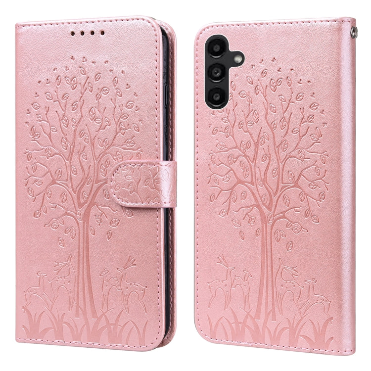 Tree & Deer Pattern Pressed Printing Horizontal Flip Leather Phone Case, For Samsung Galaxy S23 5G, For Samsung Galaxy S23+ 5G, For Samsung Galaxy S23 Ultra 5G, For Samsung Galaxy A14 5G, For Samsung Galaxy A34 5G, For Samsung Galaxy A54 5G