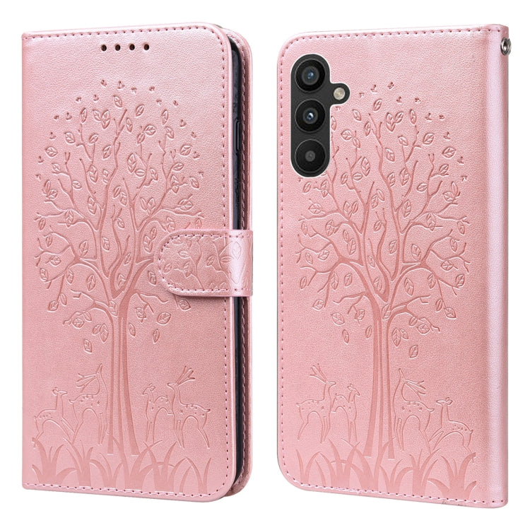 Tree & Deer Pattern Pressed Printing Horizontal Flip Leather Phone Case, For Samsung Galaxy S23 5G, For Samsung Galaxy S23+ 5G, For Samsung Galaxy S23 Ultra 5G, For Samsung Galaxy A14 5G, For Samsung Galaxy A34 5G, For Samsung Galaxy A54 5G