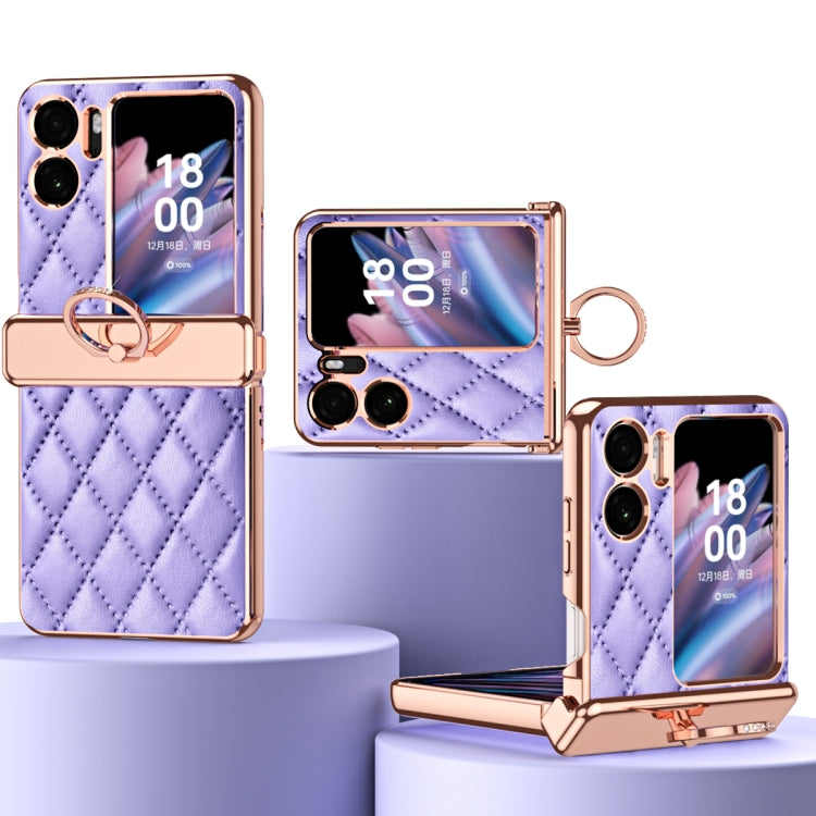 Rhombus Pattern Electroplated Plain Leather Magnetic Phone Case with Ring, For OPPO Find N2 Flip