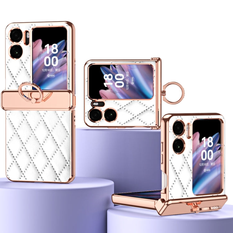 Rhombus Pattern Electroplated Plain Leather Magnetic Phone Case with Ring, For OPPO Find N2 Flip