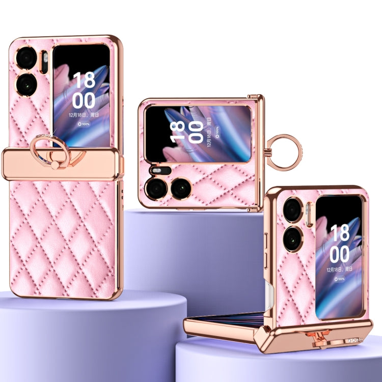Rhombus Pattern Electroplated Plain Leather Magnetic Phone Case with Ring, For OPPO Find N2 Flip