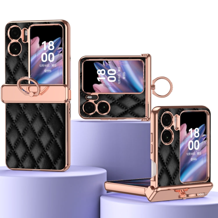 Rhombus Pattern Electroplated Plain Leather Magnetic Phone Case with Ring, For OPPO Find N2 Flip