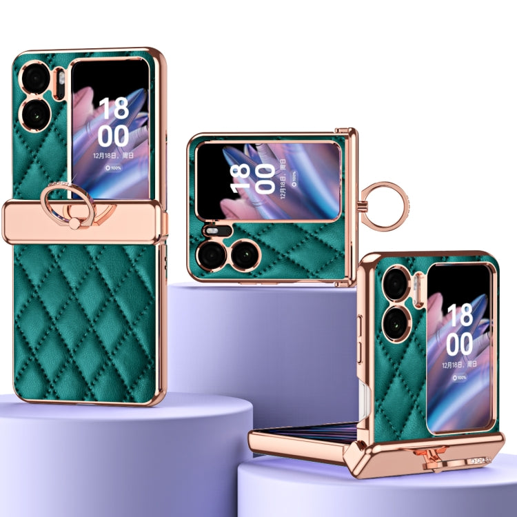 Rhombus Pattern Electroplated Plain Leather Magnetic Phone Case with Ring, For OPPO Find N2 Flip