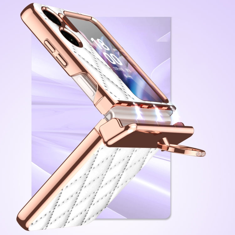 Rhombus Pattern Electroplated Plain Leather Magnetic Phone Case with Ring, For OPPO Find N2 Flip