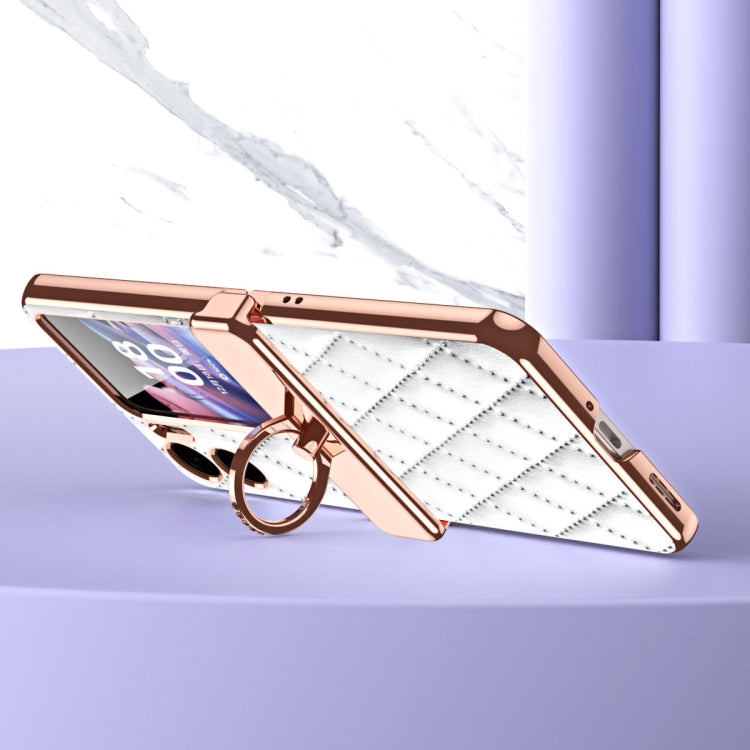 Rhombus Pattern Electroplated Plain Leather Magnetic Phone Case with Ring, For OPPO Find N2 Flip