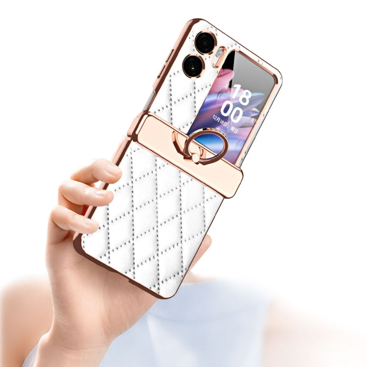 Rhombus Pattern Electroplated Plain Leather Magnetic Phone Case with Ring, For OPPO Find N2 Flip