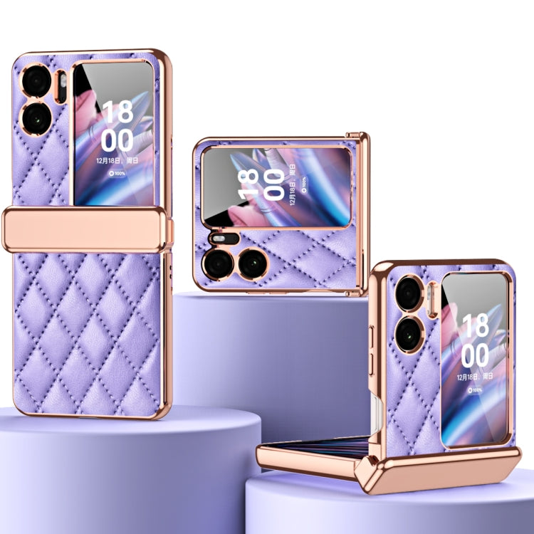 Rhombus Pattern Electroplated Plain Leather Magnetic Hinge Phone Case with Protective Film, For OPPO Find N2 Flip