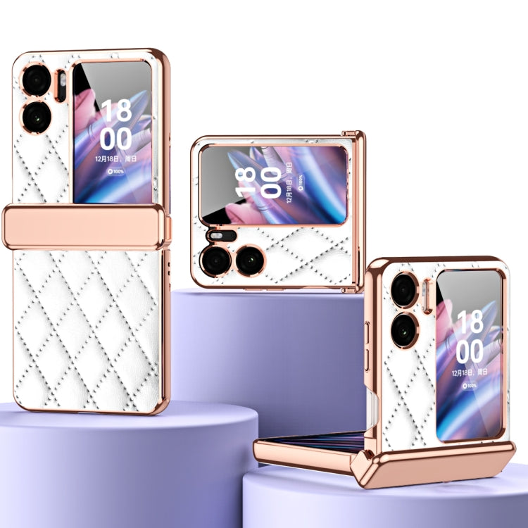 Rhombus Pattern Electroplated Plain Leather Magnetic Hinge Phone Case with Protective Film, For OPPO Find N2 Flip