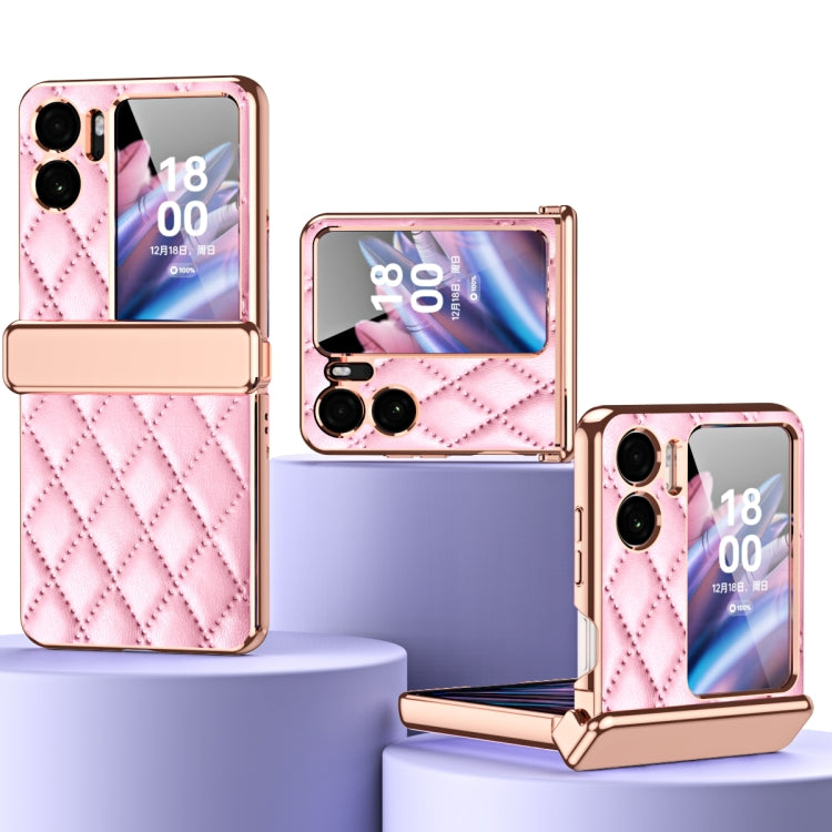 Rhombus Pattern Electroplated Plain Leather Magnetic Hinge Phone Case with Protective Film, For OPPO Find N2 Flip