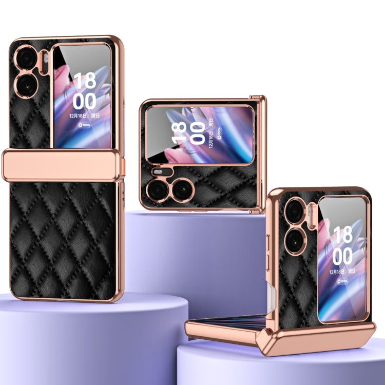 Rhombus Pattern Electroplated Plain Leather Magnetic Hinge Phone Case with Protective Film, For OPPO Find N2 Flip