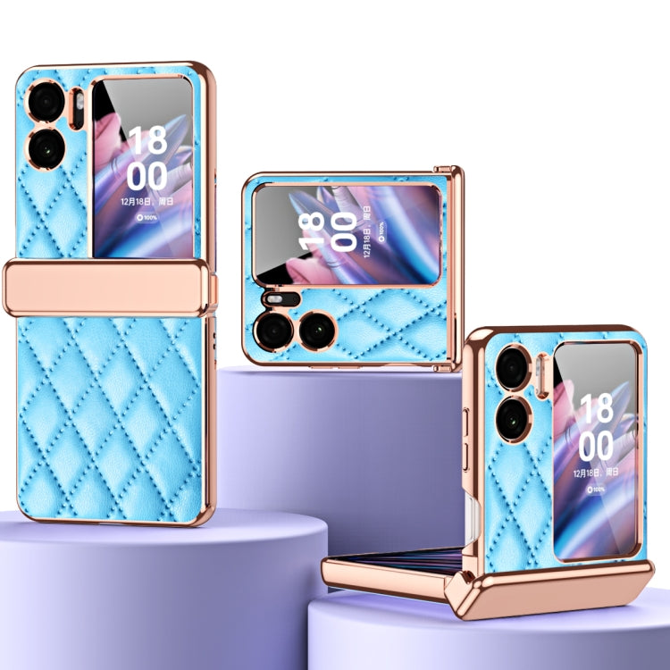 Rhombus Pattern Electroplated Plain Leather Magnetic Hinge Phone Case with Protective Film, For OPPO Find N2 Flip