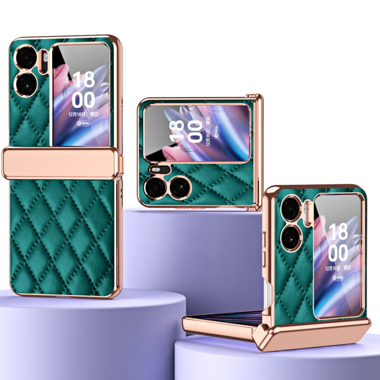 Rhombus Pattern Electroplated Plain Leather Magnetic Hinge Phone Case with Protective Film, For OPPO Find N2 Flip