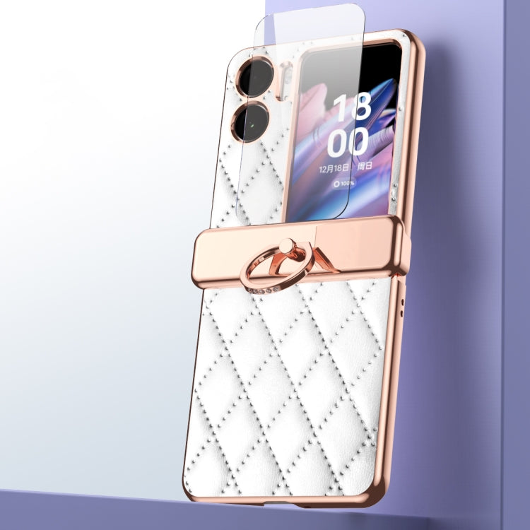 Rhombus Pattern Electroplated Plain Leather Magnetic Hinge Phone Case with Protective Film, For OPPO Find N2 Flip