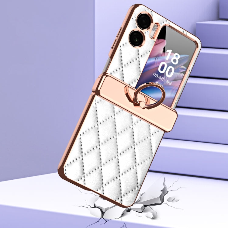 Rhombus Pattern Electroplated Plain Leather Magnetic Hinge Phone Case with Protective Film, For OPPO Find N2 Flip
