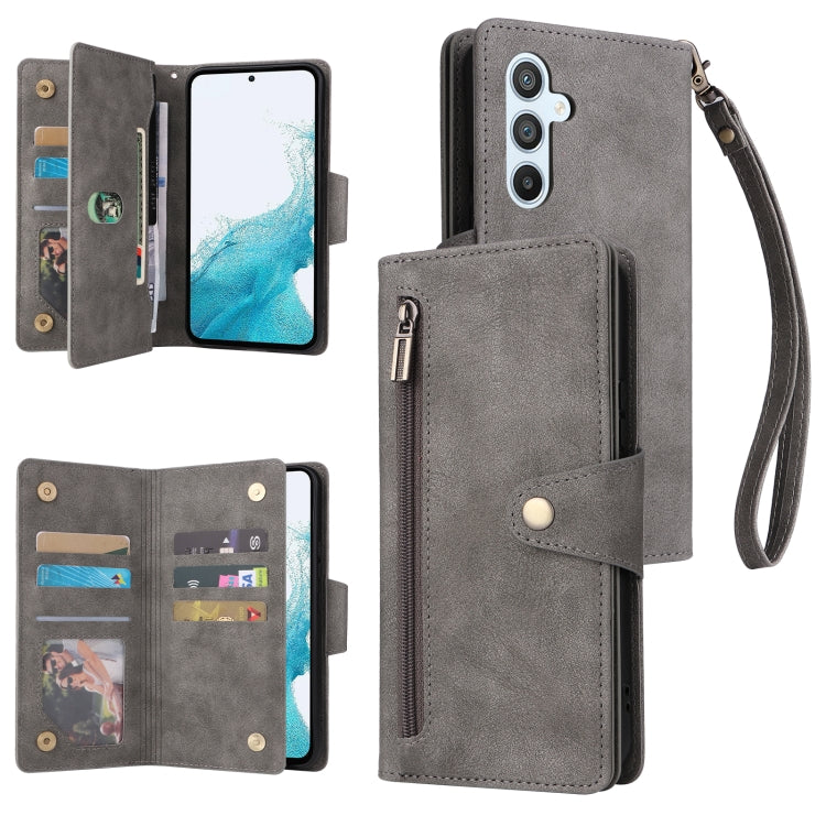 Rivet Buckle 9 Cards Three Fold Leather Phone Case, For Samsung Galaxy A34, For Samsung Galaxy A54, For Xiaomi Redmi Note 12 5G Global / Poco X5, For Xiaomi Redmi Note 12 Pro 5G Speed / Note 12 Pro 5G Global / Poco X5 Pro                               ...