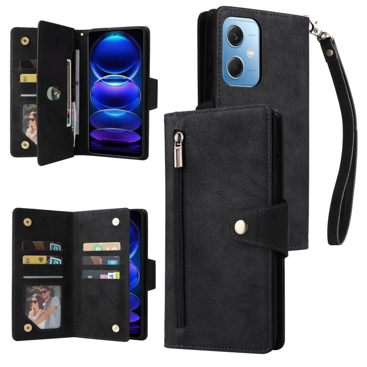 Rivet Buckle 9 Cards Three Fold Leather Phone Case, For Samsung Galaxy A34, For Samsung Galaxy A54, For Xiaomi Redmi Note 12 5G Global / Poco X5, For Xiaomi Redmi Note 12 Pro 5G Speed / Note 12 Pro 5G Global / Poco X5 Pro                               ...