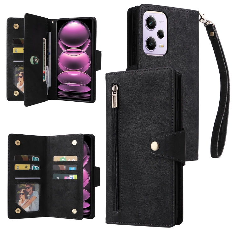 Rivet Buckle 9 Cards Three Fold Leather Phone Case, For Samsung Galaxy A34, For Samsung Galaxy A54, For Xiaomi Redmi Note 12 5G Global / Poco X5, For Xiaomi Redmi Note 12 Pro 5G Speed / Note 12 Pro 5G Global / Poco X5 Pro                               ...