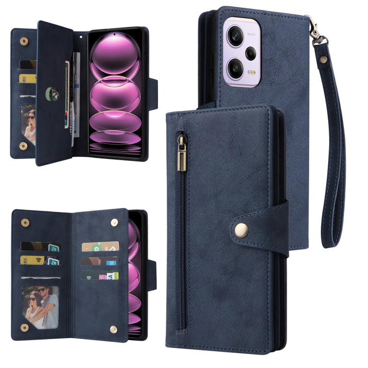 Rivet Buckle 9 Cards Three Fold Leather Phone Case, For Samsung Galaxy A34, For Samsung Galaxy A54, For Xiaomi Redmi Note 12 5G Global / Poco X5, For Xiaomi Redmi Note 12 Pro 5G Speed / Note 12 Pro 5G Global / Poco X5 Pro                               ...