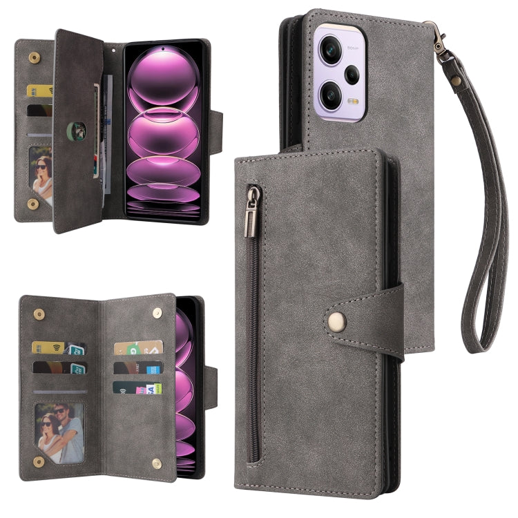 Rivet Buckle 9 Cards Three Fold Leather Phone Case, For Samsung Galaxy A34, For Samsung Galaxy A54, For Xiaomi Redmi Note 12 5G Global / Poco X5, For Xiaomi Redmi Note 12 Pro 5G Speed / Note 12 Pro 5G Global / Poco X5 Pro                               ...