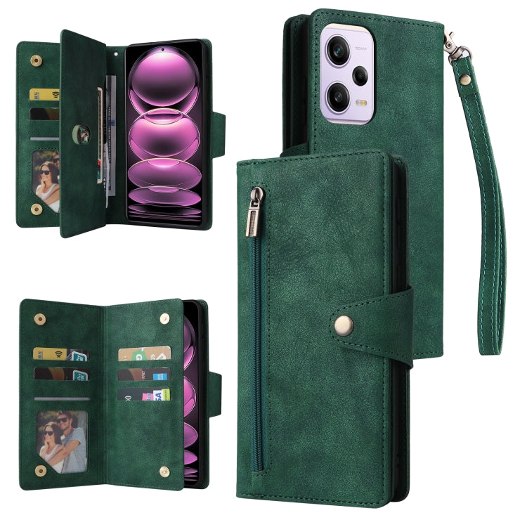 Rivet Buckle 9 Cards Three Fold Leather Phone Case, For Samsung Galaxy A34, For Samsung Galaxy A54, For Xiaomi Redmi Note 12 5G Global / Poco X5, For Xiaomi Redmi Note 12 Pro 5G Speed / Note 12 Pro 5G Global / Poco X5 Pro                               ...