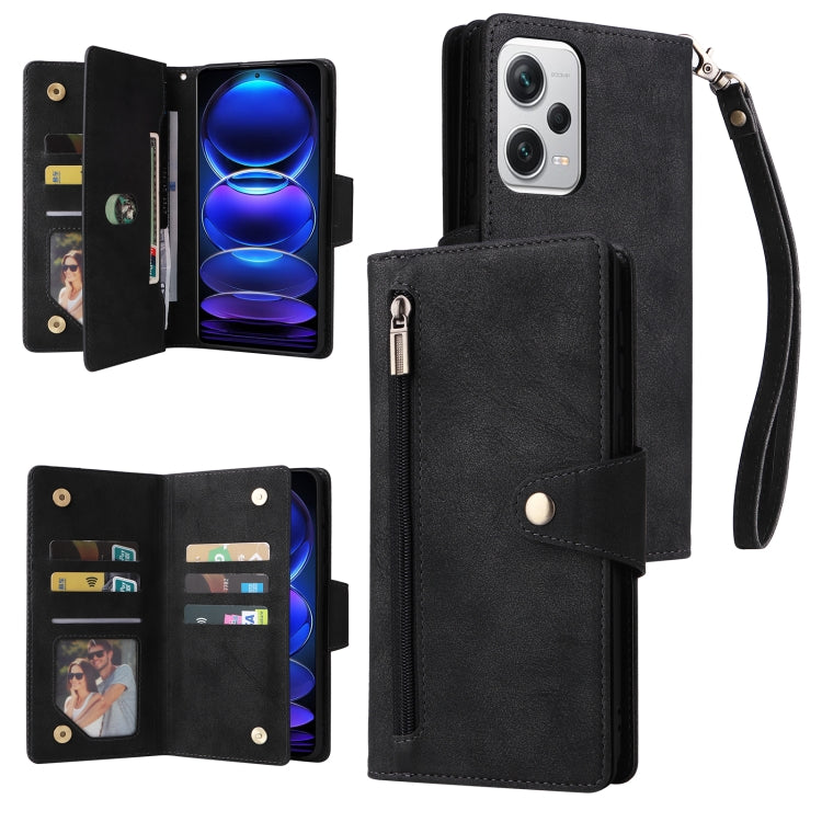 Rivet Buckle 9 Cards Three Fold Leather Phone Case, For Samsung Galaxy A34, For Samsung Galaxy A54, For Xiaomi Redmi Note 12 5G Global / Poco X5, For Xiaomi Redmi Note 12 Pro 5G Speed / Note 12 Pro 5G Global / Poco X5 Pro                               ...
