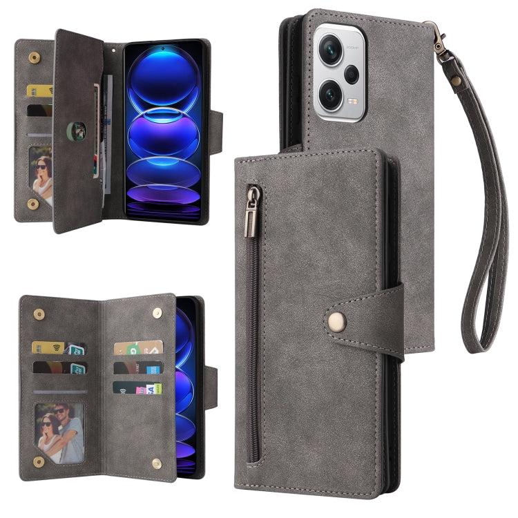 Rivet Buckle 9 Cards Three Fold Leather Phone Case, For Samsung Galaxy A34, For Samsung Galaxy A54, For Xiaomi Redmi Note 12 5G Global / Poco X5, For Xiaomi Redmi Note 12 Pro 5G Speed / Note 12 Pro 5G Global / Poco X5 Pro                               ...