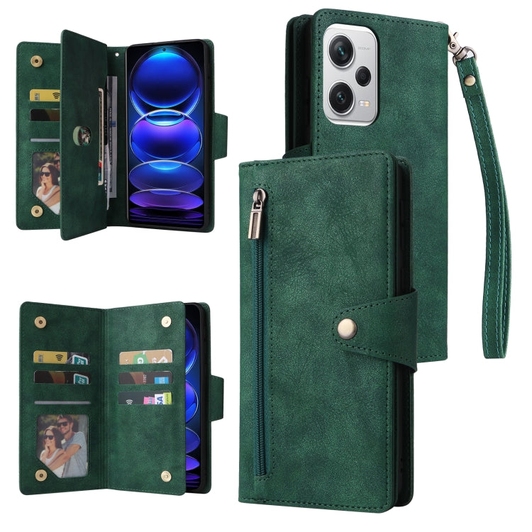 Rivet Buckle 9 Cards Three Fold Leather Phone Case, For Samsung Galaxy A34, For Samsung Galaxy A54, For Xiaomi Redmi Note 12 5G Global / Poco X5, For Xiaomi Redmi Note 12 Pro 5G Speed / Note 12 Pro 5G Global / Poco X5 Pro                               ...