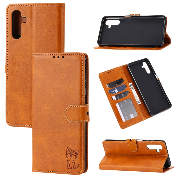 Embossed Happy Cat Pattern Flip Leather Phone Case, For Samsung Galaxy A54 5G, For Samsung Galaxy A34 5G, For Samsung Galaxy S23 5G, For Samsung Galaxy S23+ 5G, For Samsung Galaxy S23 Ultra 5G, For Google Pixel 7a, For Sony Xperia 5 IV