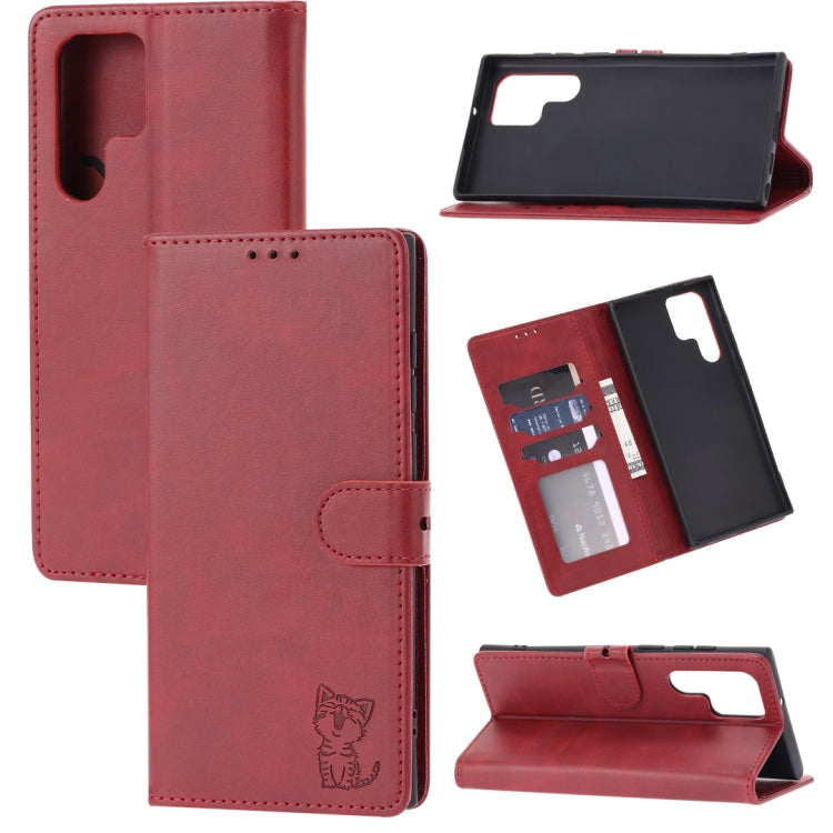 Embossed Happy Cat Pattern Flip Leather Phone Case, For Samsung Galaxy A54 5G, For Samsung Galaxy A34 5G, For Samsung Galaxy S23 5G, For Samsung Galaxy S23+ 5G, For Samsung Galaxy S23 Ultra 5G, For Google Pixel 7a, For Sony Xperia 5 IV