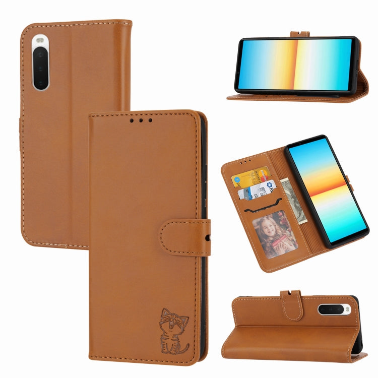 Embossed Happy Cat Pattern Flip Leather Phone Case, For Samsung Galaxy A54 5G, For Samsung Galaxy A34 5G, For Samsung Galaxy S23 5G, For Samsung Galaxy S23+ 5G, For Samsung Galaxy S23 Ultra 5G, For Google Pixel 7a, For Sony Xperia 5 IV