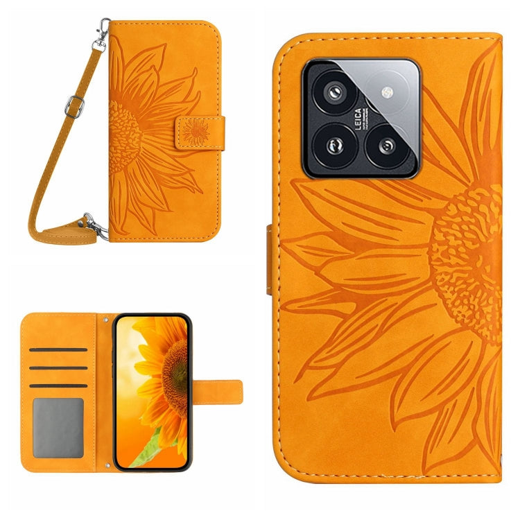 Skin Feel Sun Flower Embossed Flip Leather Phone Case with Lanyard, For Xiaomi 14 Ultra, For Xiaomi 14 Pro, For Xiaomi 14, For Xiaomi Redmi 13C 4G