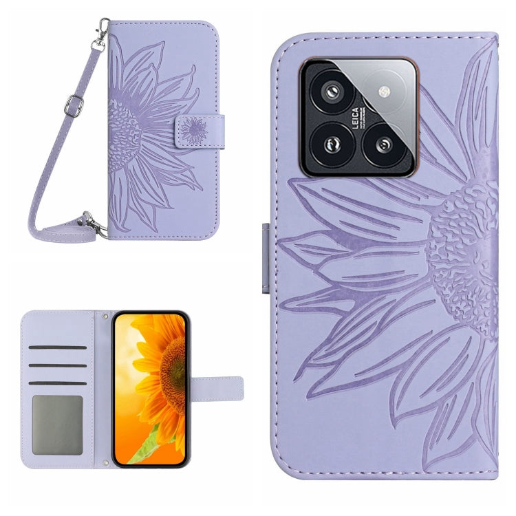 Skin Feel Sun Flower Embossed Flip Leather Phone Case with Lanyard, For Xiaomi 14 Ultra, For Xiaomi 14 Pro, For Xiaomi 14, For Xiaomi Redmi 13C 4G