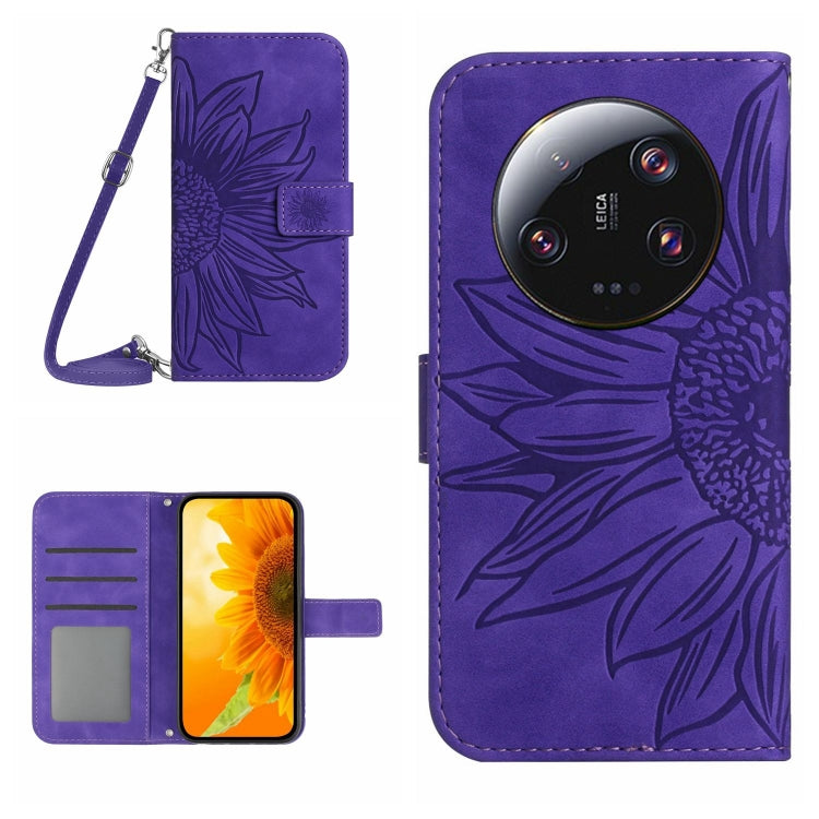 Skin Feel Sun Flower Embossed Flip Leather Phone Case with Lanyard, For Xiaomi 14 Ultra, For Xiaomi 14 Pro, For Xiaomi 14, For Xiaomi Redmi 13C 4G