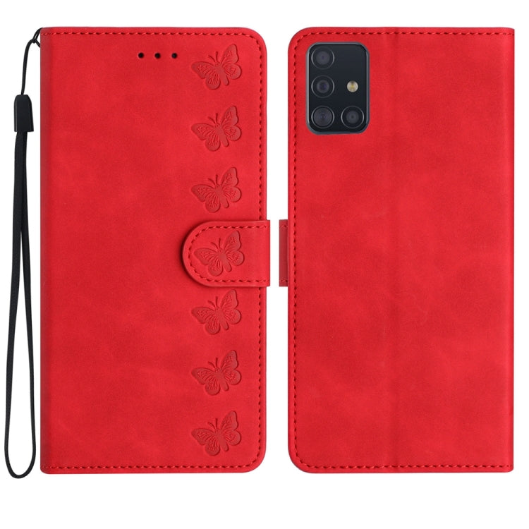 Seven Butterflies Embossed Leather Phone Case, For Samsung Galaxy A71, For Samsung Galaxy A72 5G, For Samsung Galaxy A73 5G, For Samsung Galaxy M23, For Samsung Galaxy M32, For Samsung Galaxy M52 5G, For Samsung Galaxy M53