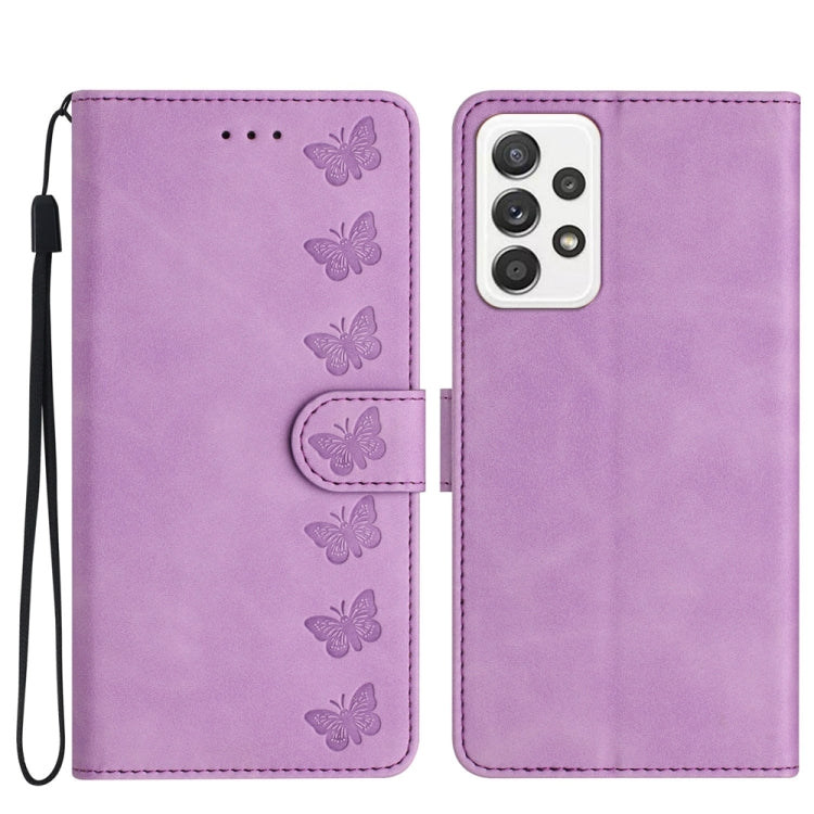 Seven Butterflies Embossed Leather Phone Case, For Samsung Galaxy A71, For Samsung Galaxy A72 5G, For Samsung Galaxy A73 5G, For Samsung Galaxy M23, For Samsung Galaxy M32, For Samsung Galaxy M52 5G, For Samsung Galaxy M53