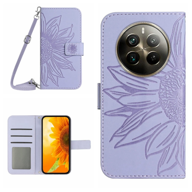 Skin Feel Sun Flower Embossed Flip Leather Phone Case with Lanyard, For Realme C63 4G Global/ C61, For Realme 12 5G Global, For Realme 12+ Global, For Realme 12 Pro/12 Pro+ Global