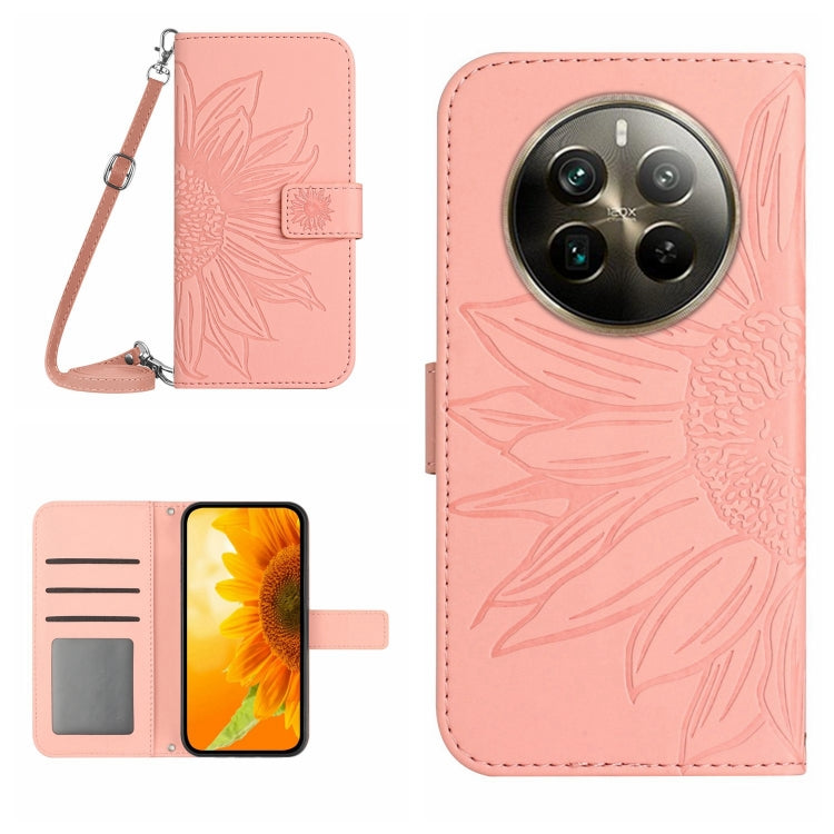 Skin Feel Sun Flower Embossed Flip Leather Phone Case with Lanyard, For Realme C63 4G Global/ C61, For Realme 12 5G Global, For Realme 12+ Global, For Realme 12 Pro/12 Pro+ Global