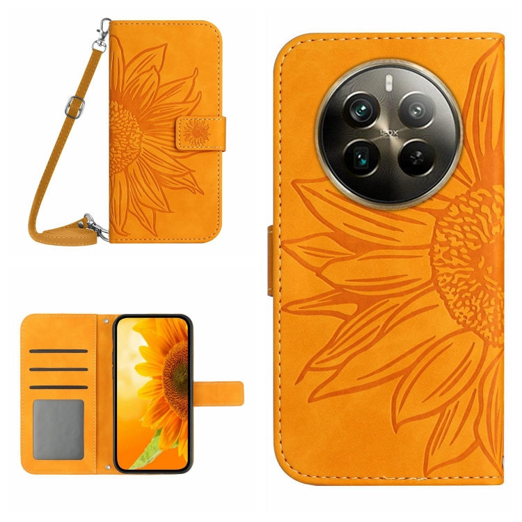 Skin Feel Sun Flower Embossed Flip Leather Phone Case with Lanyard, For Realme C63 4G Global/ C61, For Realme 12 5G Global, For Realme 12+ Global, For Realme 12 Pro/12 Pro+ Global