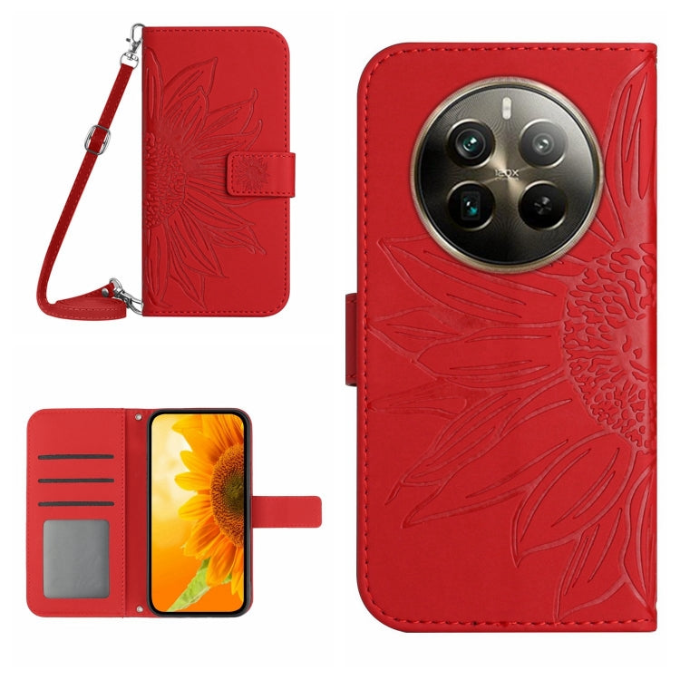 Skin Feel Sun Flower Embossed Flip Leather Phone Case with Lanyard, For Realme C63 4G Global/ C61, For Realme 12 5G Global, For Realme 12+ Global, For Realme 12 Pro/12 Pro+ Global