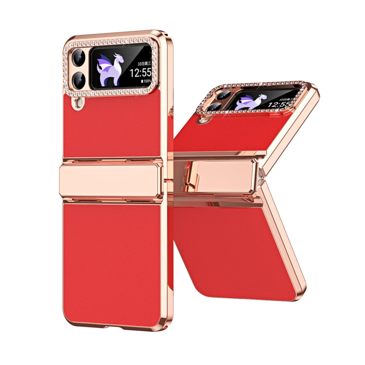 Plated Plain Leather Folding Phone Case with Hinge, For Samsung Galaxy Z Flip4 5G, For Samsung Galaxy Z Flip3 5G