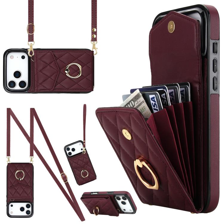 Rhombic Texture Card Bag Phone Case with Long Lanyard, For iPhone 18 Pro / 17 Pro, For iPhone 18 Pro Max / 17 Pro Max, For iPhone 17e / 16e, For iPhone 17, For iPhone Air, For iPhone 15 Pro Max