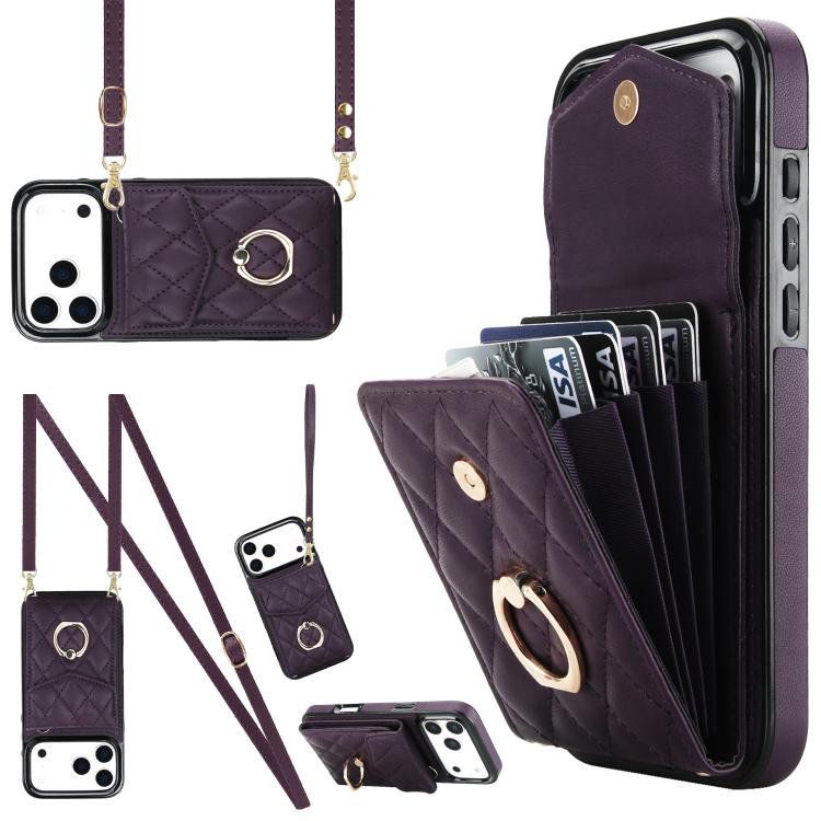 Rhombic Texture Card Bag Phone Case with Long Lanyard, For iPhone 18 Pro / 17 Pro, For iPhone 18 Pro Max / 17 Pro Max, For iPhone 17e / 16e, For iPhone 17, For iPhone Air, For iPhone 15 Pro Max