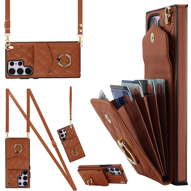 Rhombic Texture Card Bag Phone Case with Long Lanyard, For Samsung Galaxy S24 5G, For Samsung Galaxy A54 5G, For Samsung Galaxy S23 Ultra 5G, For Samsung Galaxy S23+ 5G, For Samsung Galaxy S23 5G, For Samsung Galaxy Note20 Ultra