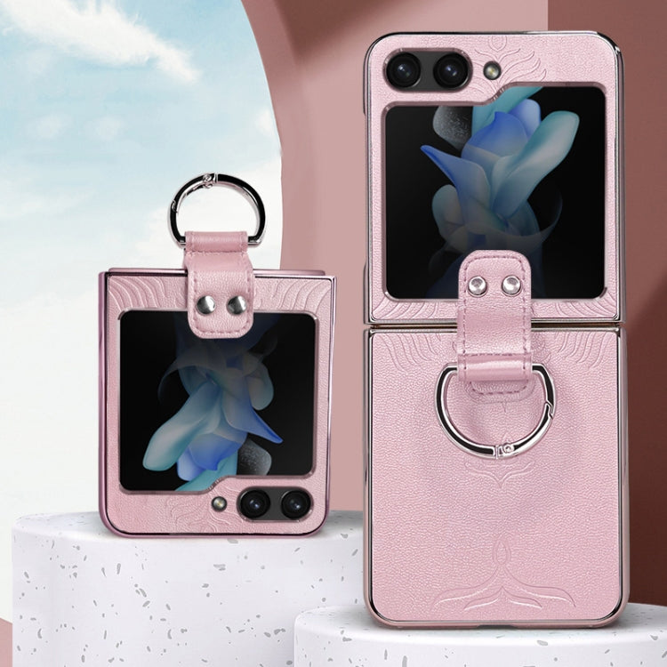Electroplated Embossed Leather Phone Case with Ring, For Samsung Galaxy Z Flip5, For Samsung Galaxy Z Flip4