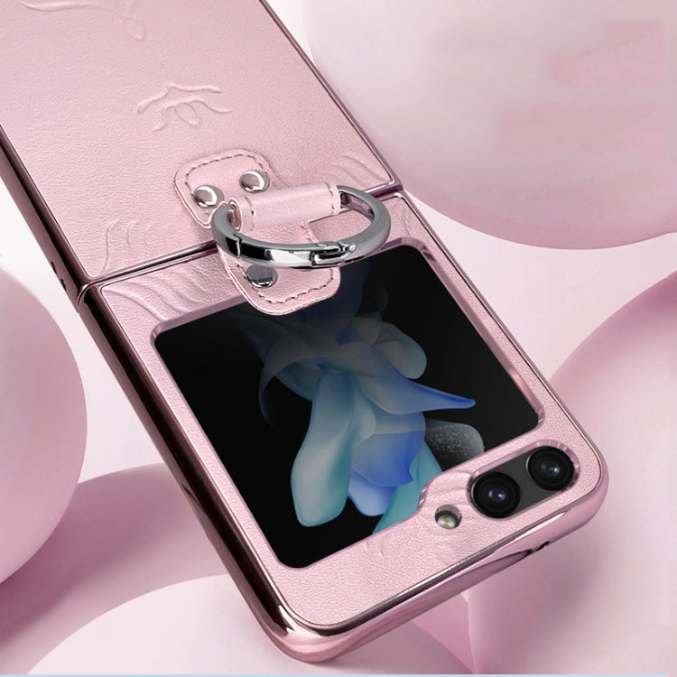 Electroplated Embossed Leather Phone Case with Ring, For Samsung Galaxy Z Flip5, For Samsung Galaxy Z Flip4